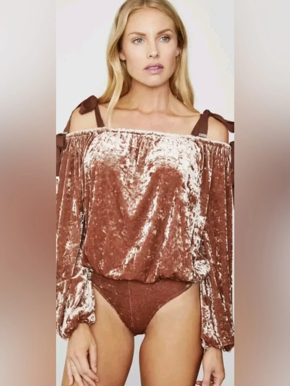 FP x HAH Rose Brown Velvet Off-Shoulder Tie-Shoulder Bodysuit